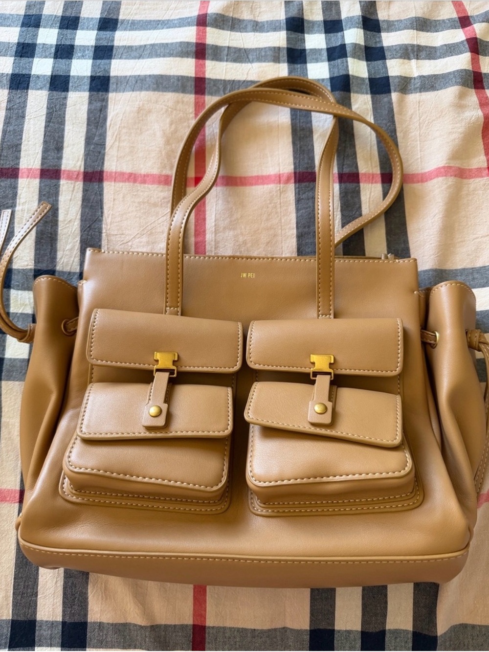 JW PEI Tan Double-Pocket Shoulder Tote with Gold Hardware